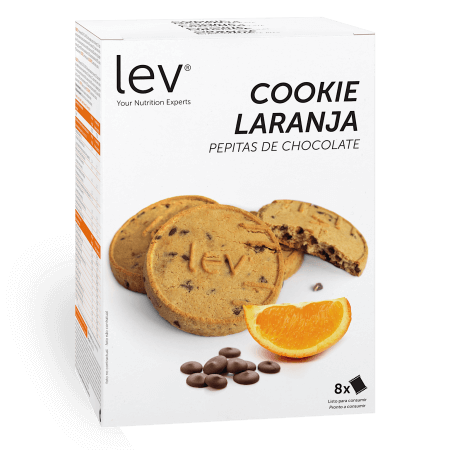 cookie de laranja e pepitas de chocolate lev, uma opção de snack saudável e dietético, bolacha seca com sabor a laranja e pepitas de chocolate, sem açúcares, rica em proteína