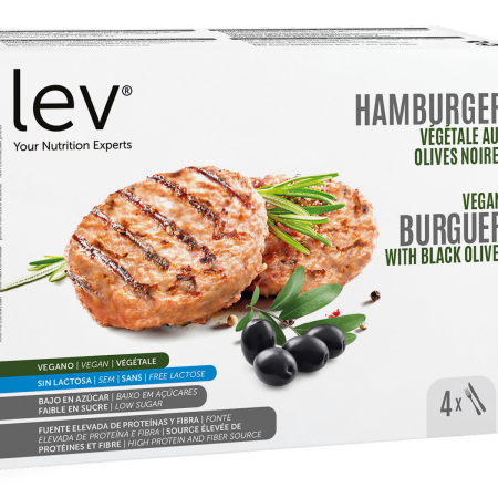 vegan burger with black olives - high protein, lactose free, low carb