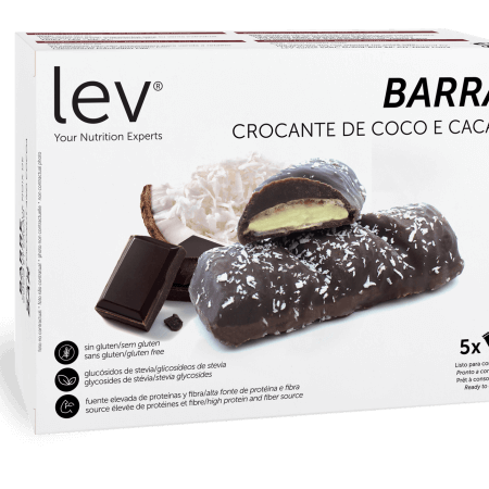 barra crocante de cacau lev, com interior de coco, sem açúcares adicionados, sem gluten, apto para dieta