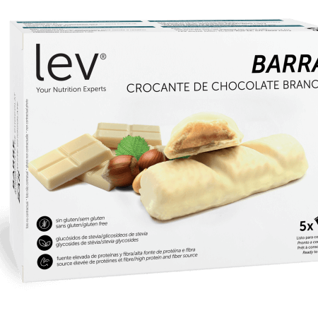 barra crocante de chocolate branco lev, interior de avelã, sem gluten e sem açúcares adicionados, uma opção saudável e apta para dieta