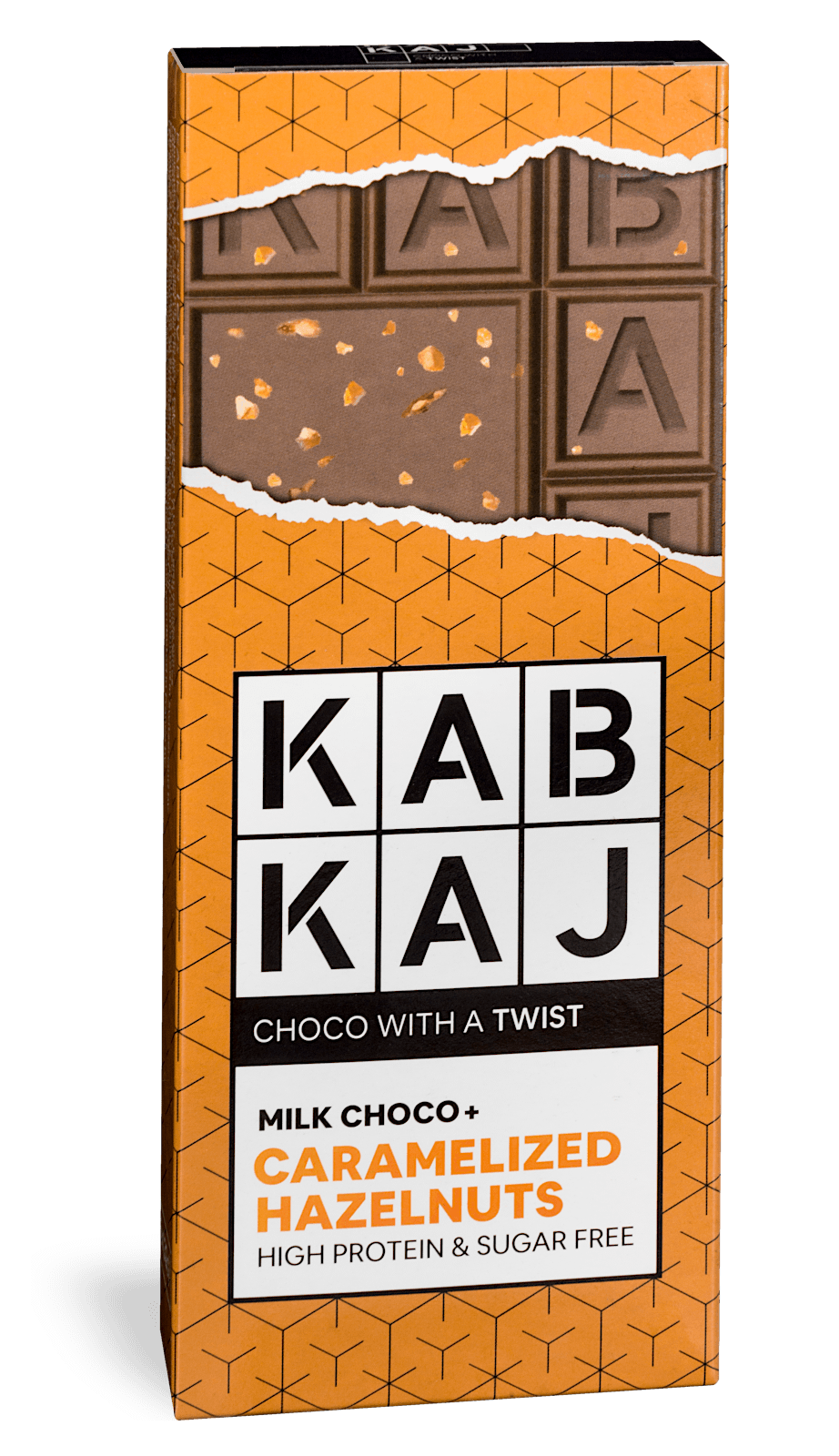 Caramelized Hazelnuts Kabkaj - Milk Choco Caramelized Hazelnuts - tablete de chocolate de leite, enriquecida com avelãs caramelizadas, apta para dieta.