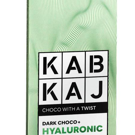 Kabkaj - Dark Choco + Acid Hyaluronic: tablete de chocolate negro com pedaços de laranja, uma opção proteica, sem açúcares adicionados, apta para dieta