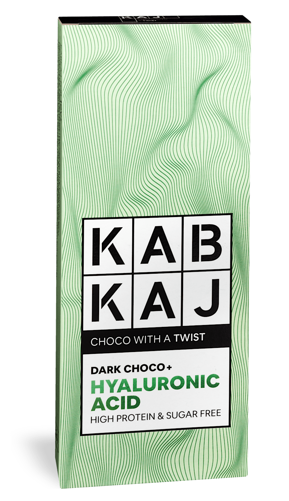 Hyarulonic Acid Kabkaj - Dark Choco + Acid Hyaluronic: tablete de chocolate negro com pedaços de laranja, uma opção proteica, sem açúcares adicionados, apta para dieta
