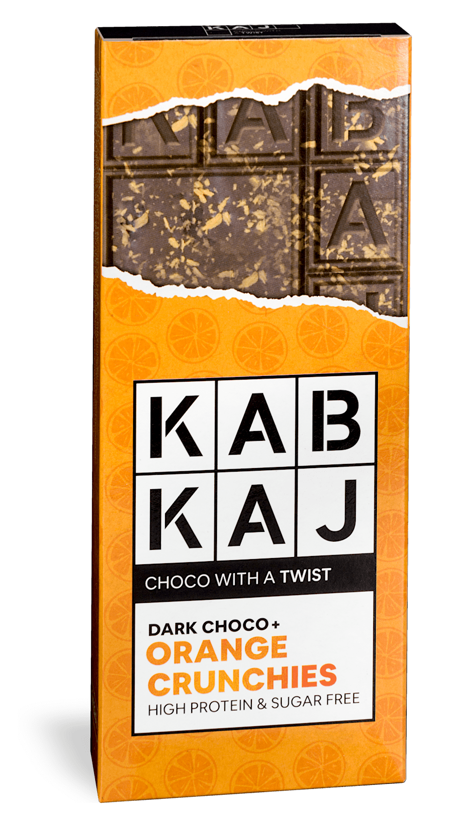 Orange Crunchies Kabkaj - Dark Choco + Orange Crunchies: tablete de chocolate negro com pedaços de laranja, uma opção proteica, sem açúcares adicionados, apta para dieta